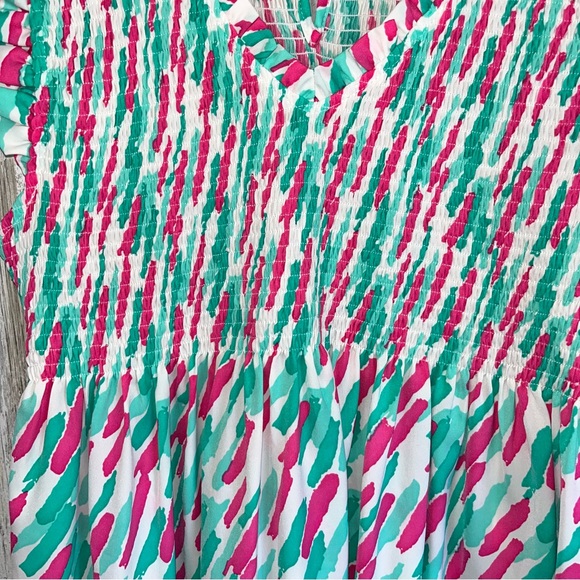 Jodifl Smocked Pink & Green Ruffle Sleeveless Blouse - Picture 2 of 5